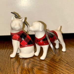 Fringe Studio Red Plaid Sweater Cat & Hound Dog Ornaments